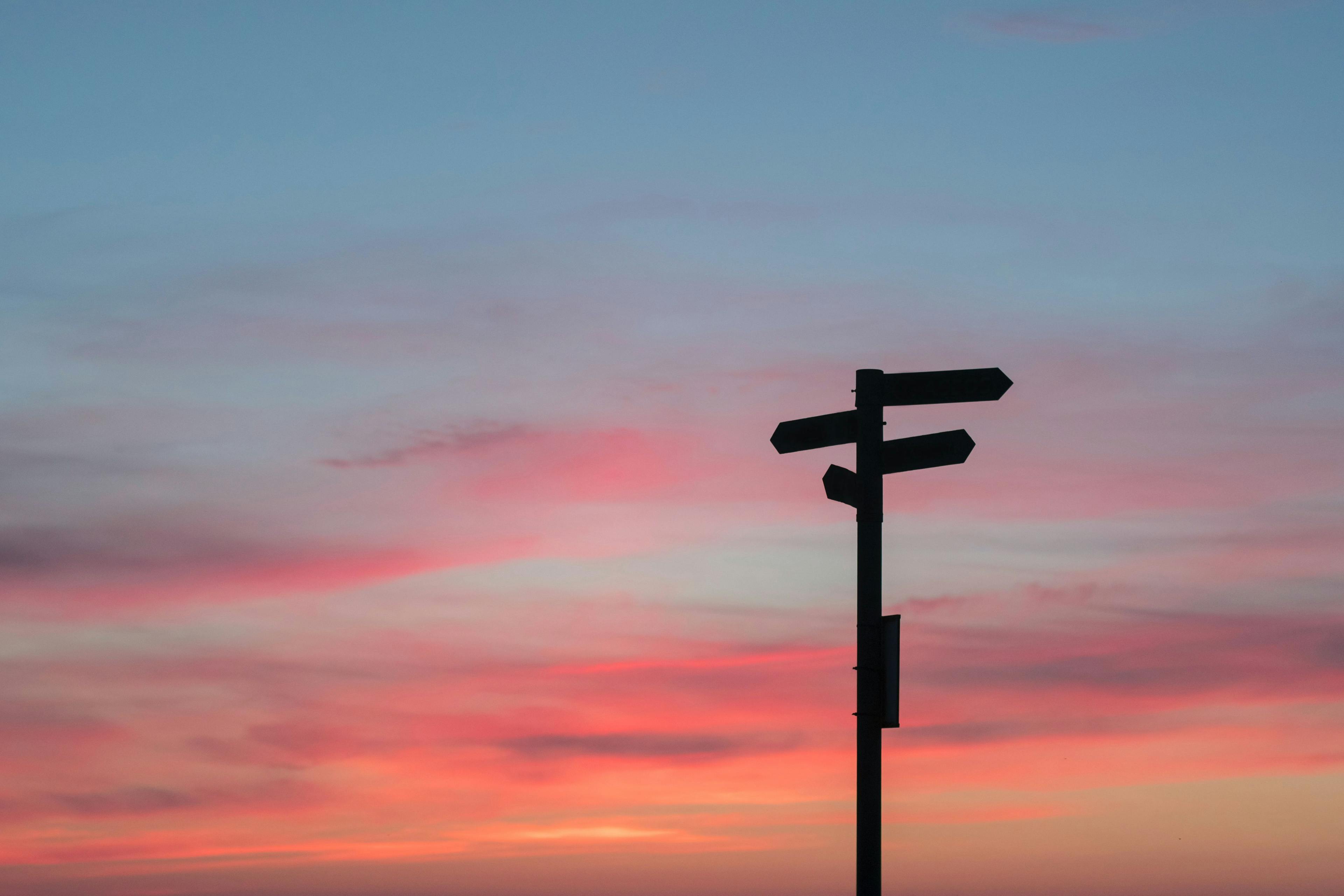 Single signpost set against a sunset sky
