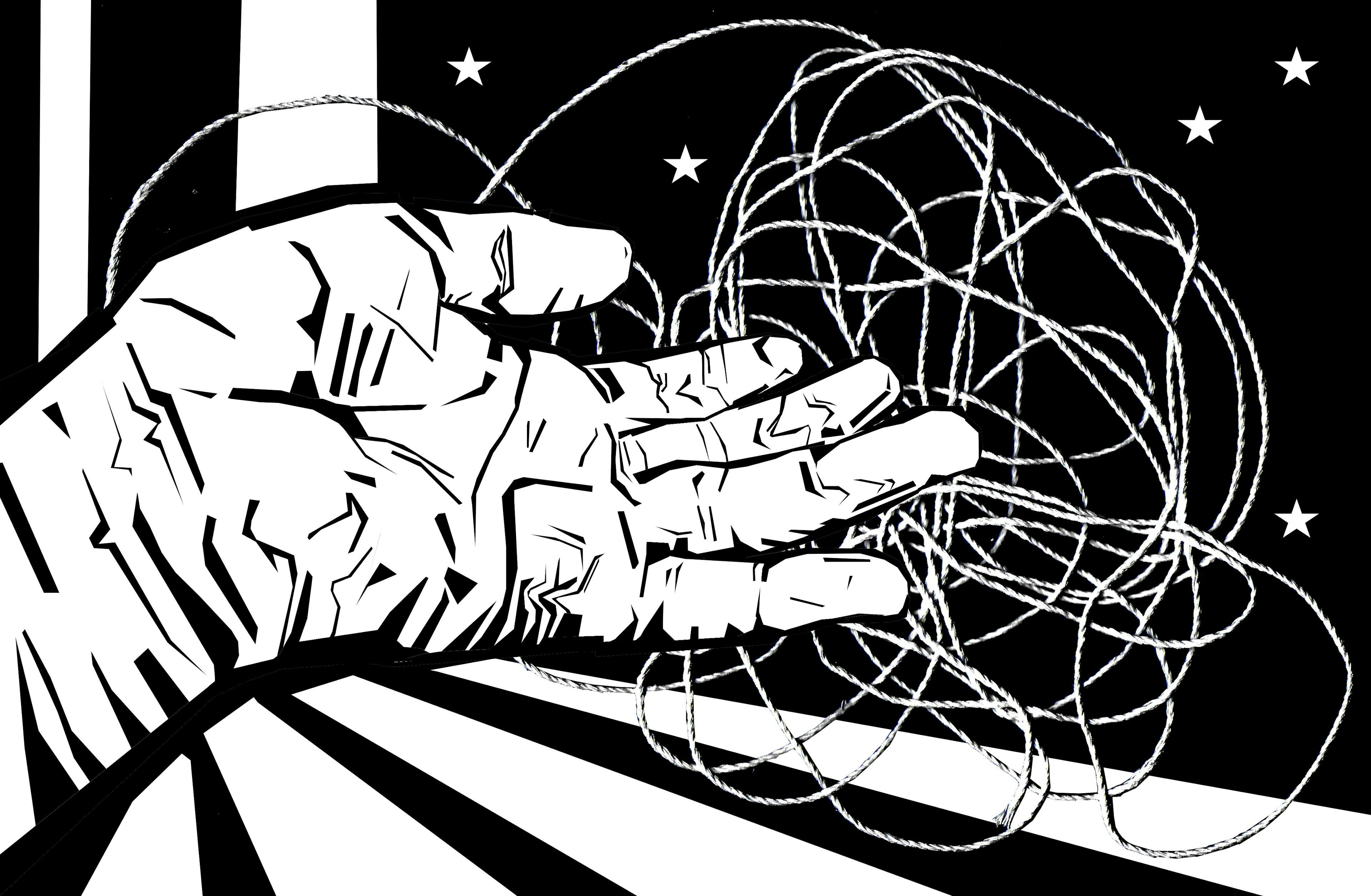 Graphic illustration of a hand, tangled string, and stars